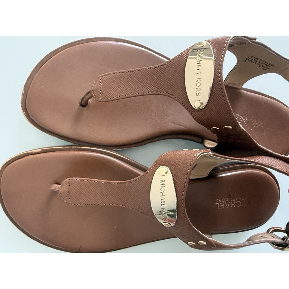 Michael Kors Brown Leather Thong Sandals Gold Logo Women’s Size 8M Slingback